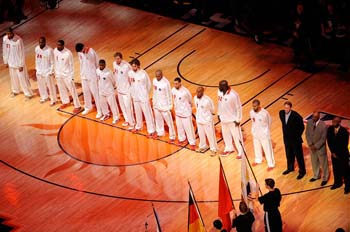 PHOENIX - FEBRUARY 15:  The Western Conference All-Stars stand for the National Anthem during the 58th NBA All-Star Game, part of 2009 NBA All-Star Weekend, at US Airways Center on February 15, 2009 in Phoenix, Arizona.  NOTE TO USER: User expressly acknowledges and agrees that, by downloading and or using this photograph, User is consenting to the terms and conditions of the Getty Images License Agreement.  Mandatory Copyright Notice:  Copyright 2009 NBAE  (Photo by Juan Ocampo/NBAE/Getty Images)