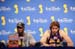 ORLANDO, FL - JUNE 14:  Lamar Odom #7 and Pau Gasol #16 of the Los Angeles Lakers talk to the press after winning the 2009 NBA Championship against the Orlando Magic at Amway Arena on June 14, 2009 in Orlando, Florida.  NOTE TO USER:  User expressly acknowledges and agrees that, by downloading and/or using this Photograph, user is consenting to the terms and conditions of the Getty Images License Agreement. Mandatory Copyright Notice: Copyright 2009 NBAE (Photo by Jennifer Pottheiser/NBAE via Getty Images)